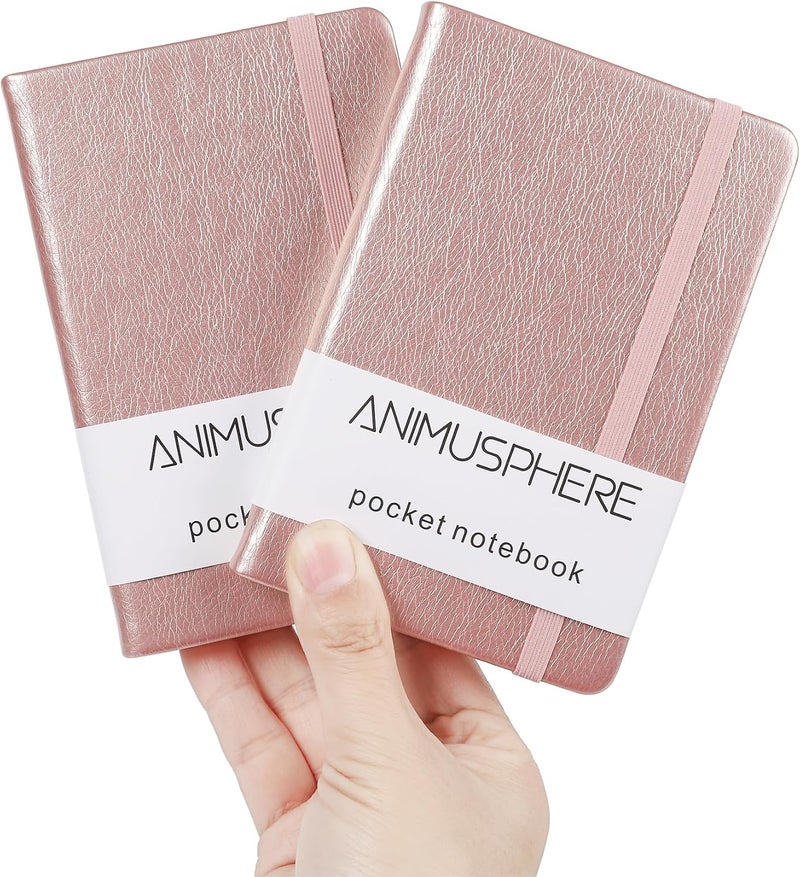 Animusphere 2Pack Pocket Notebook Small Notebook Journal Notebook 4 inches x 5.7 inches 200 Pages Leather Cover With Pen Holder Page Marker Ribbons (Rose Gold) - Image 1